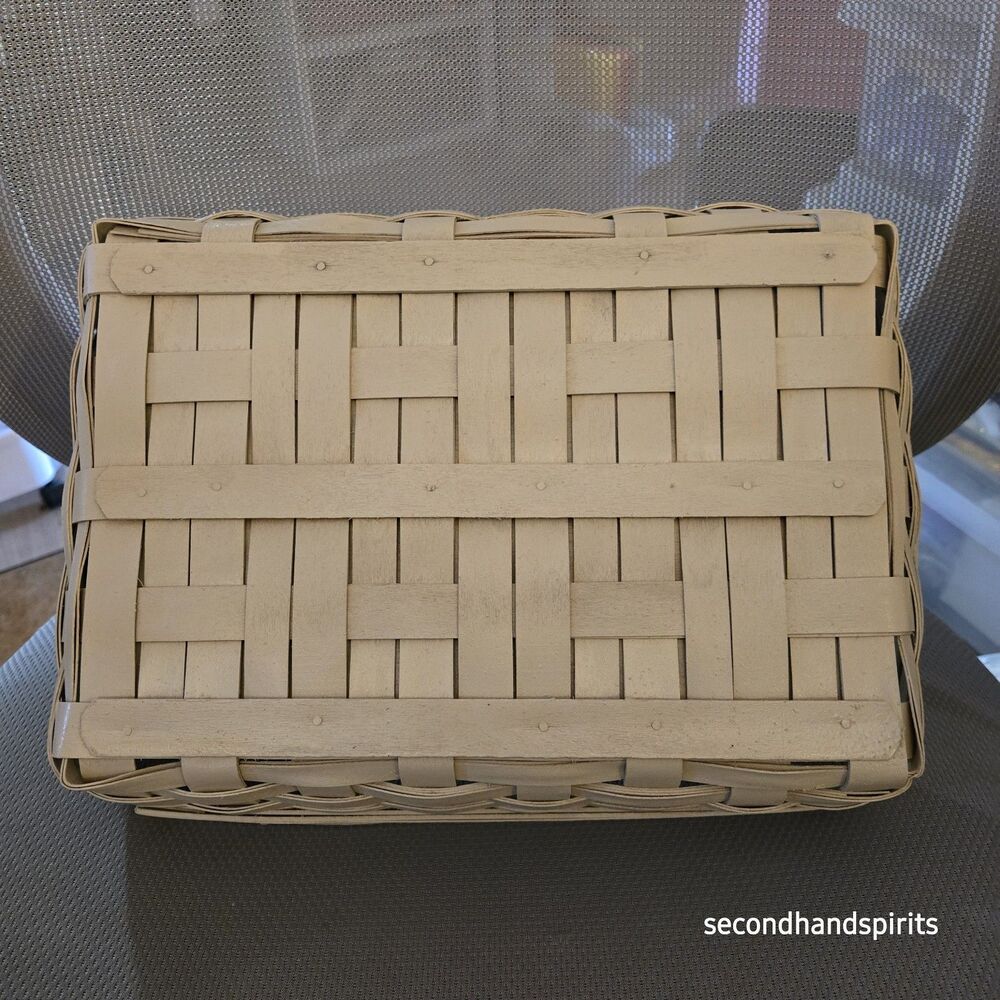2002 Longaberger 13" Rectangle Fixed Center Handle Upcycled Antique White Basket - Picture 3 of 14